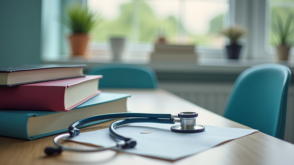 Close-up view of nursing school textbooks and stethoscope on desk