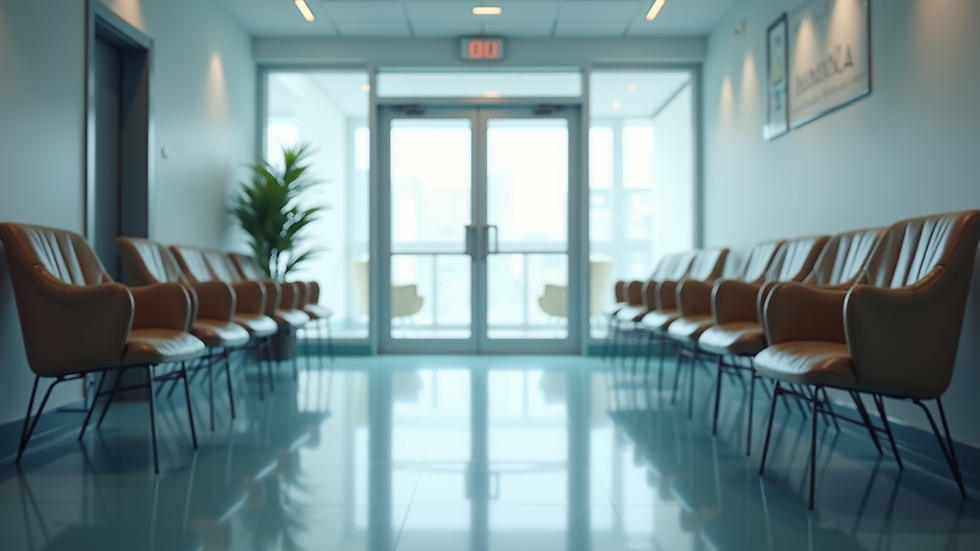 Eye-level view of hospital reception area with empty chairs