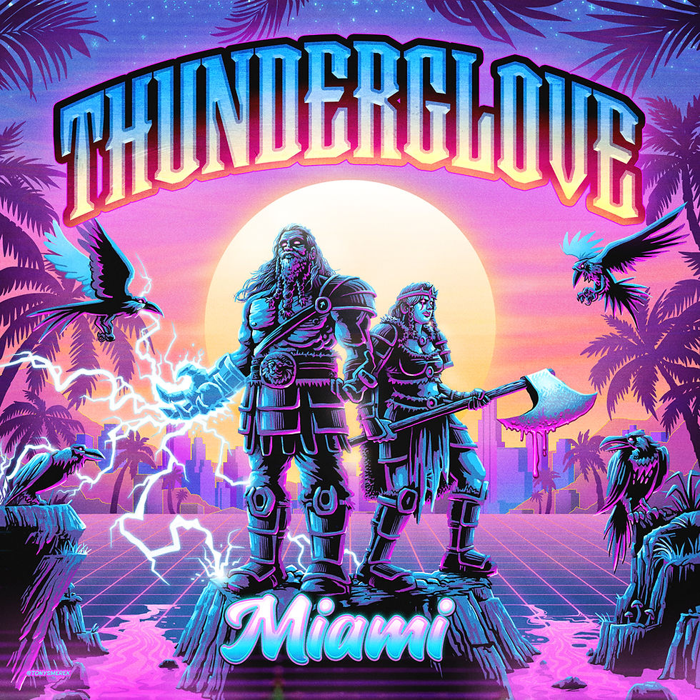 Cover art for Thunder Glove Miami, coming to all streaming platforms on April 21, 2026, via Dungeonmaster Records. Thunder Glove Miami is Thunder Glove's sixth album.