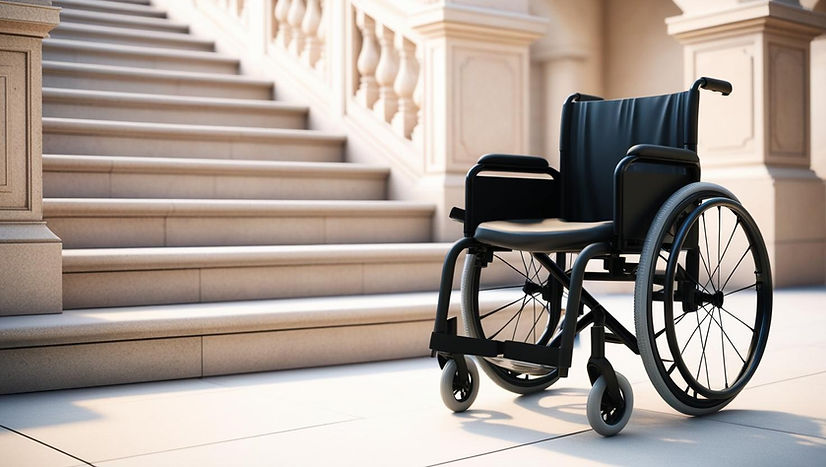 empty wheelchair to the right of a staircase outside.jpg