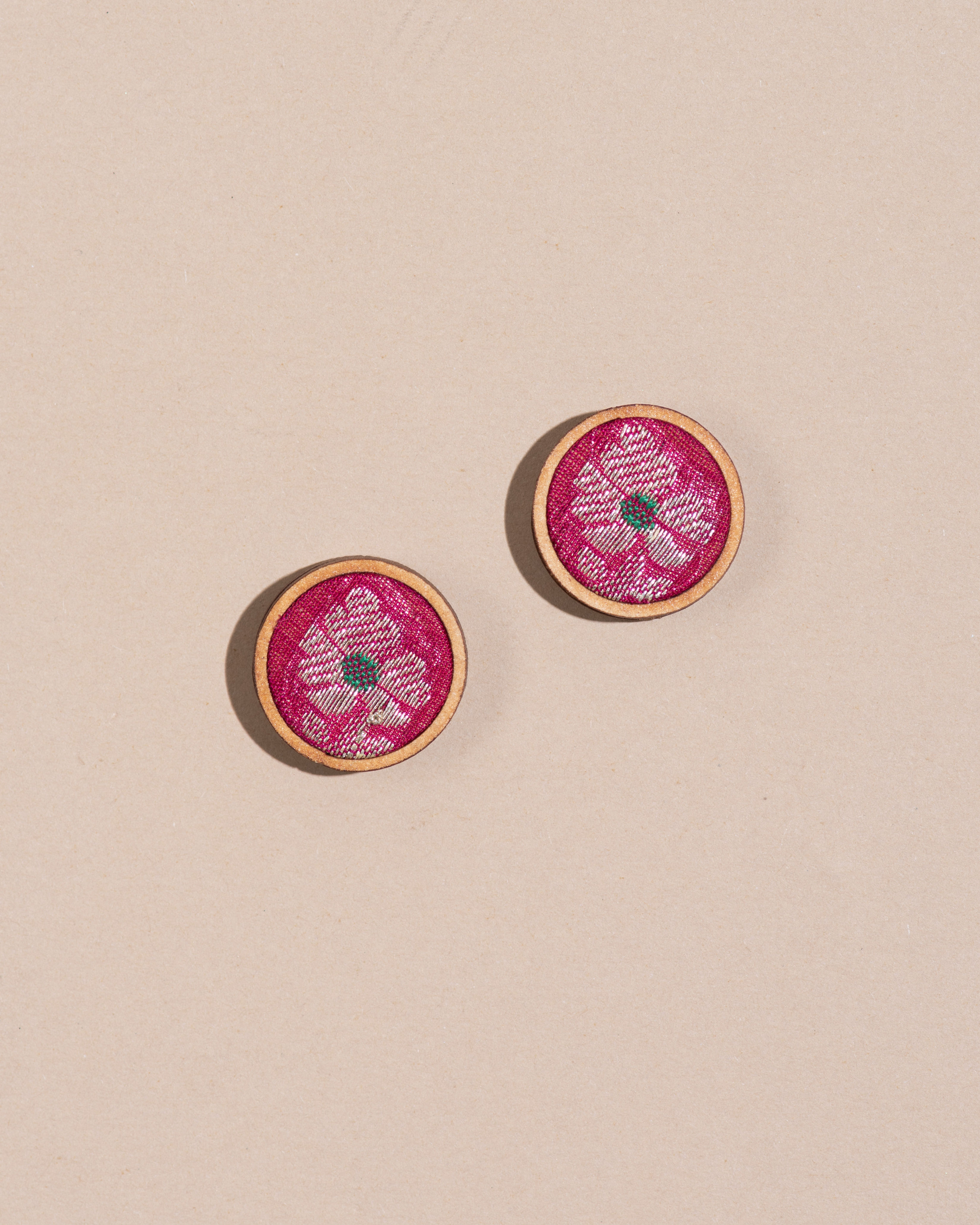 WHE Handmade Pink Pure Banaras Brocade Fabric and Repurposed Wood Stud Earrings