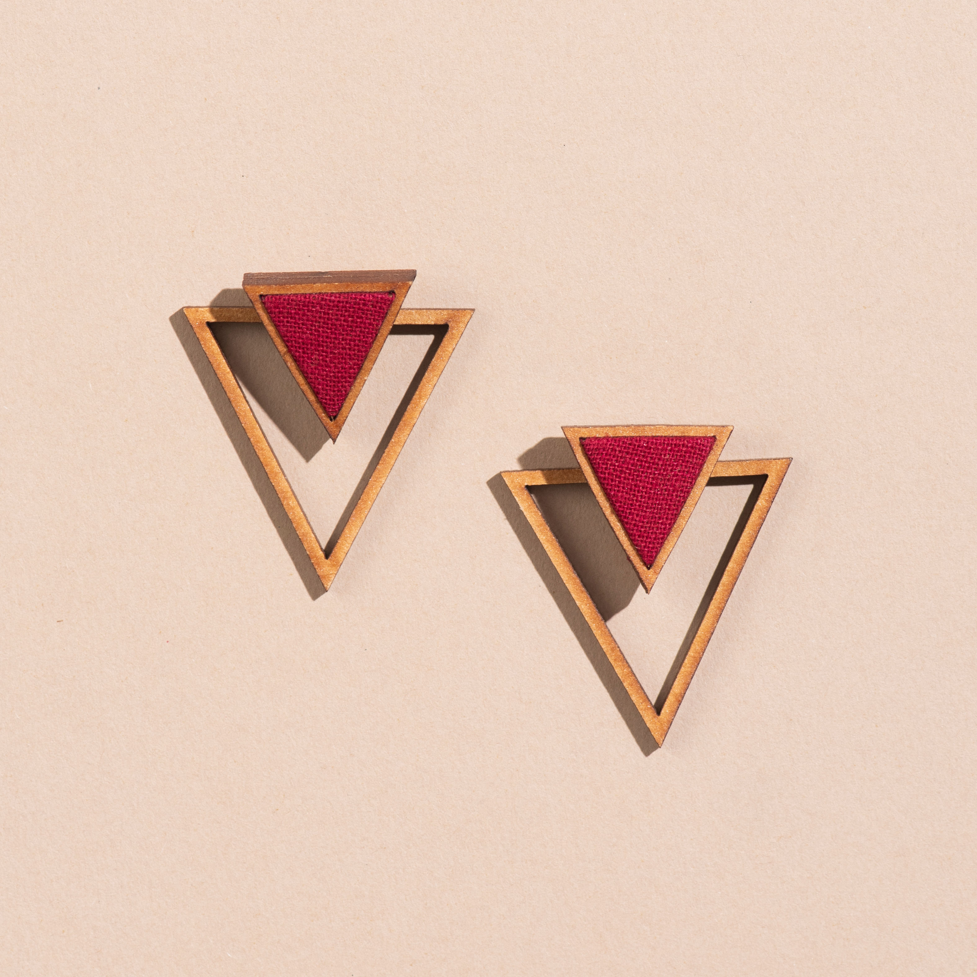 WHE Red Two Look in One Upcycled Fabric & Repurposed Wood Triangle Earring