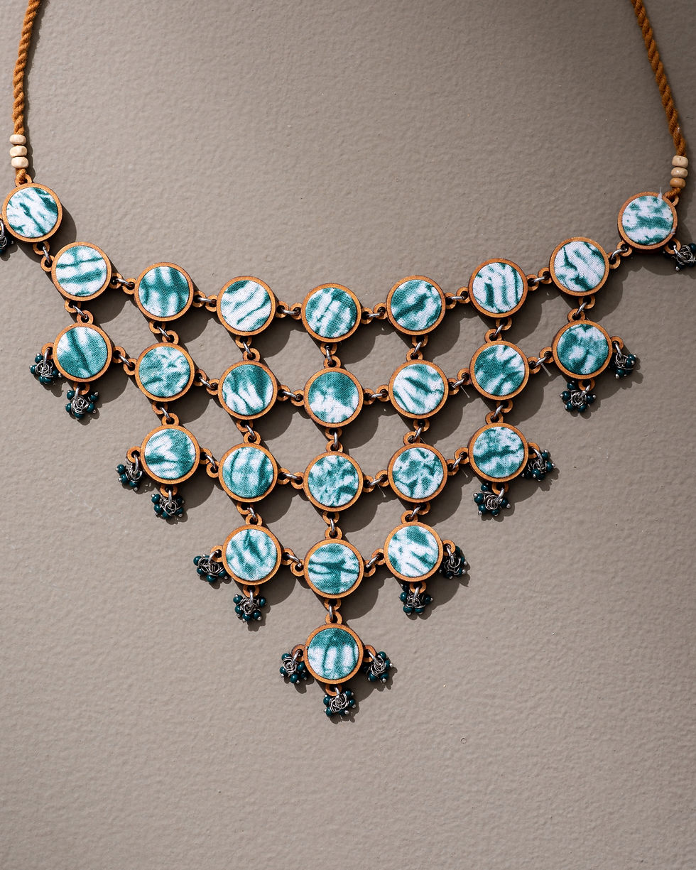 Thumbnail: WHE Set: Handmade Green Tie Dye Repurposed Wood & Fabric Necklace & Earring