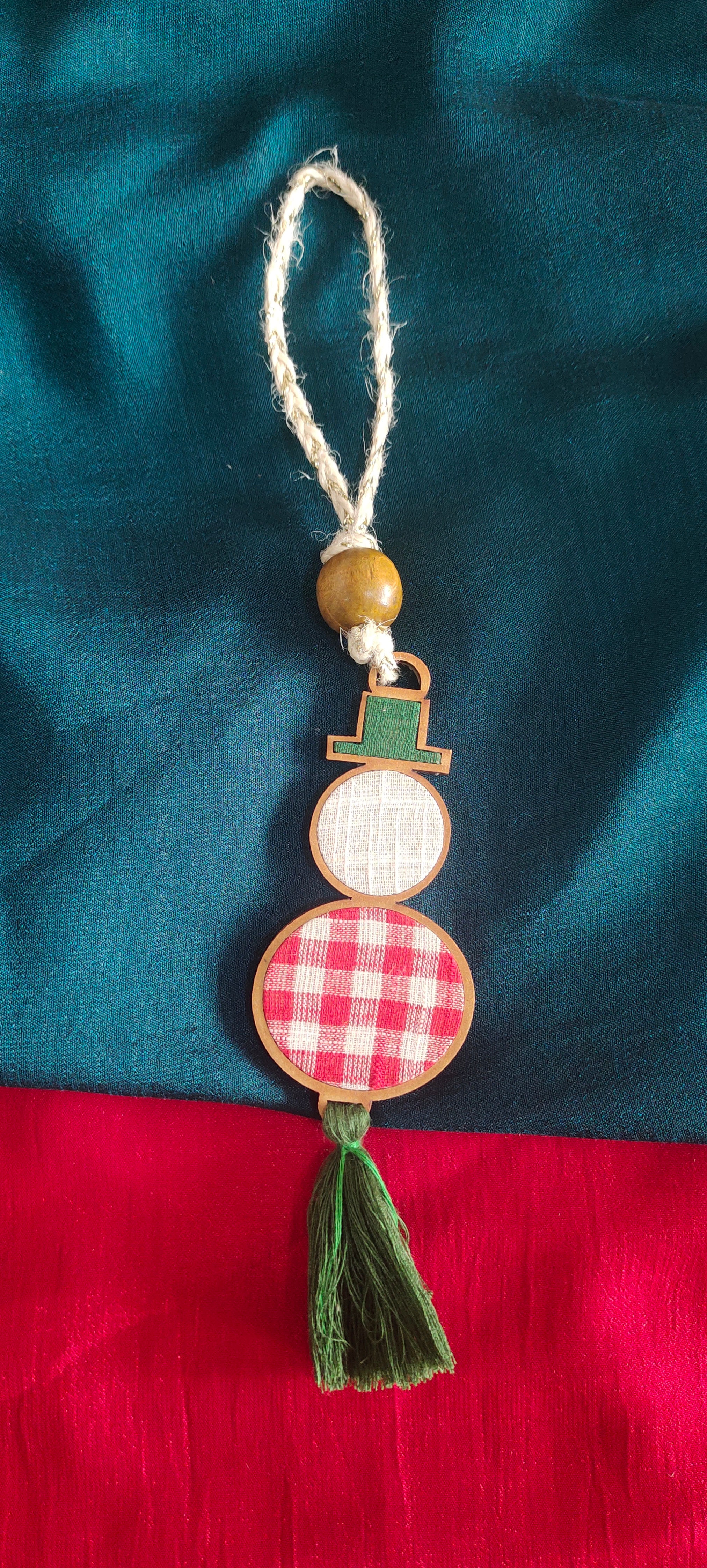 WHE Red & White Snowman Repurposed Wood and  Fabric Reversible Christmas charms