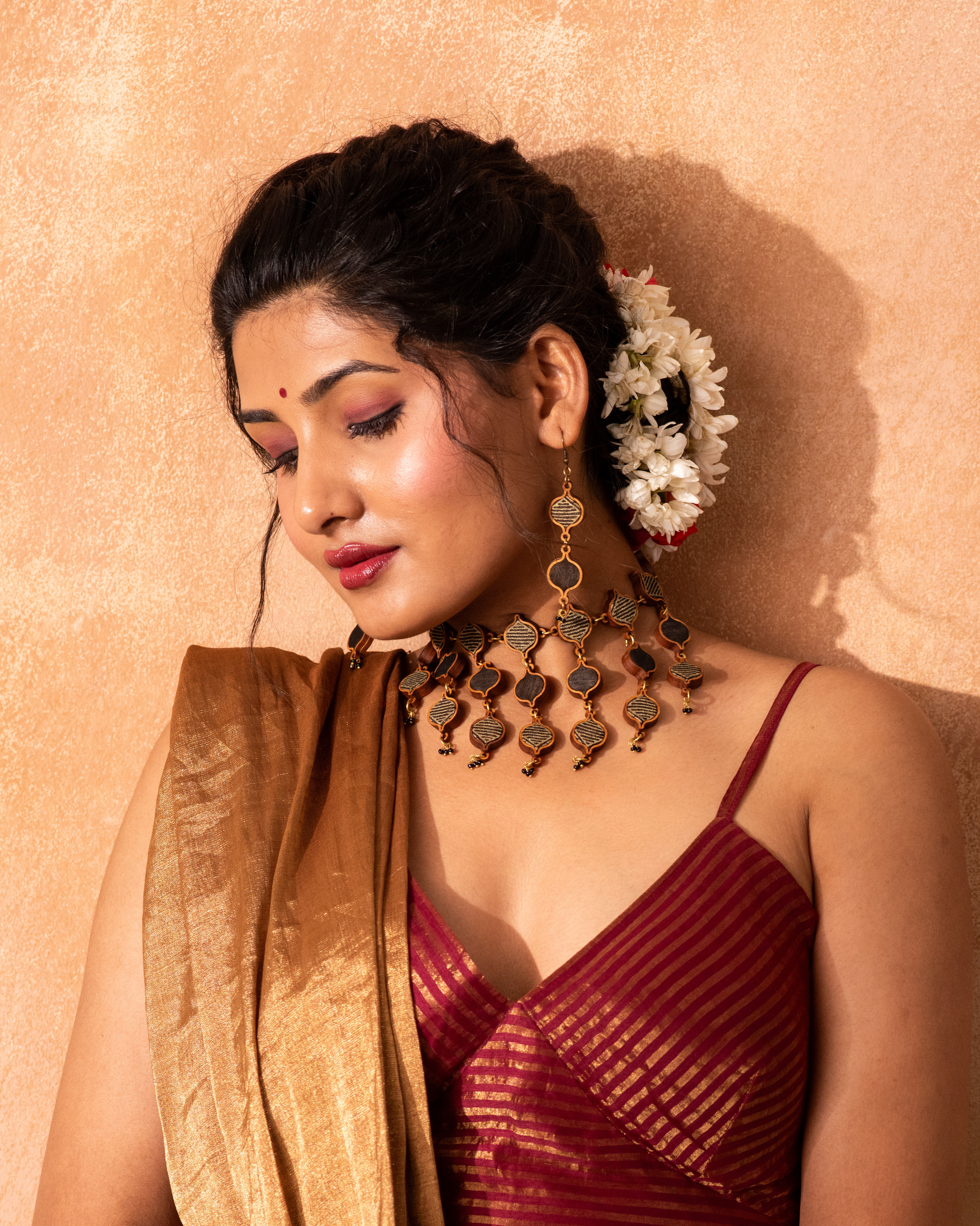 WHE Black & Gold Festive MultiLayered Upcycled Fabric & Repurposed Wood Necklace