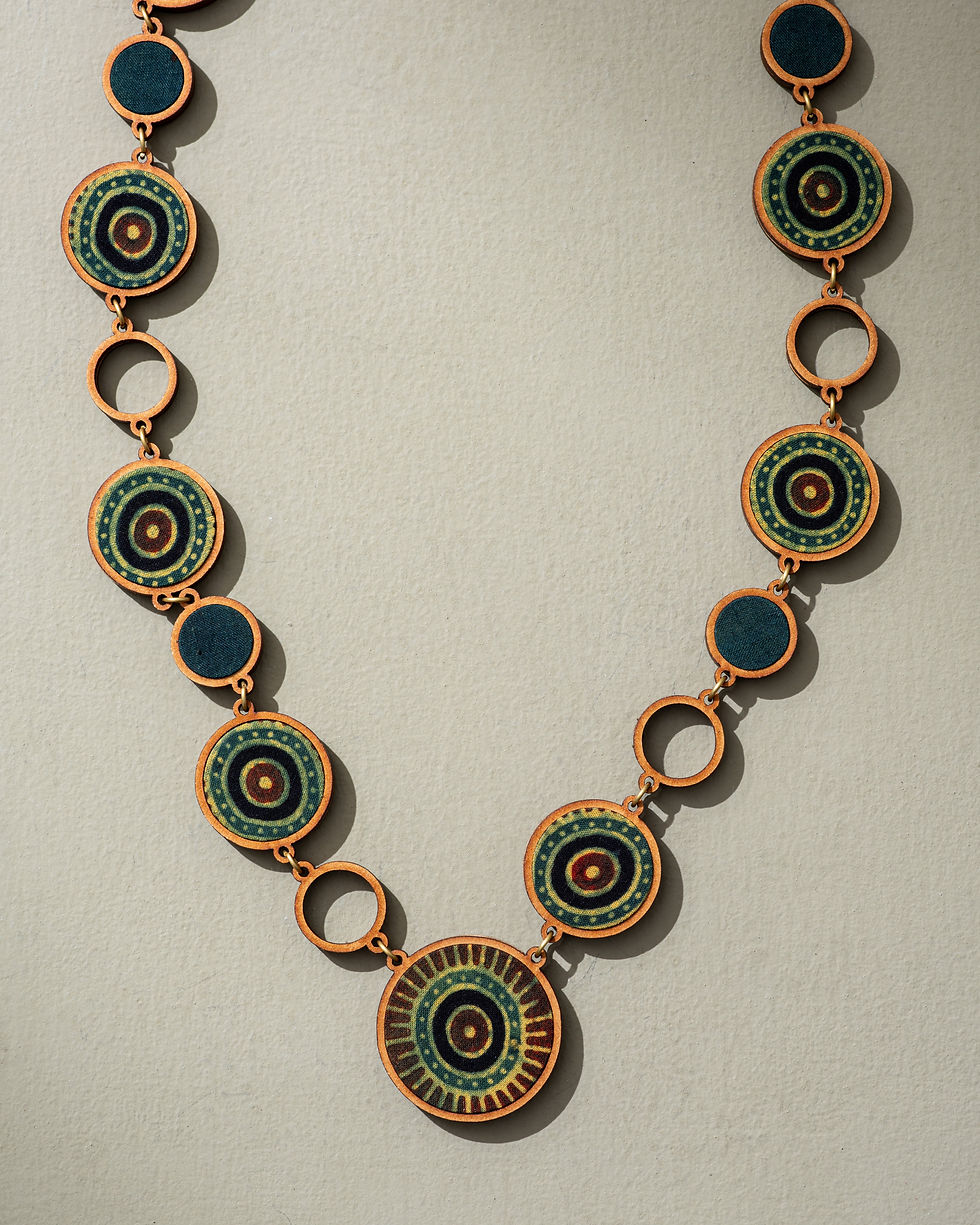 Thumbnail: WHE Reversible 2-In-1 Blue Green Repurposed Fabric and Wood Necklace