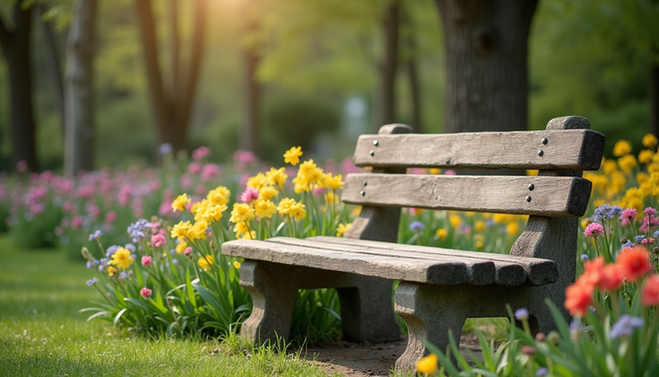 Eye-level view of a quiet garden bench surrounded by blooming spring flowers