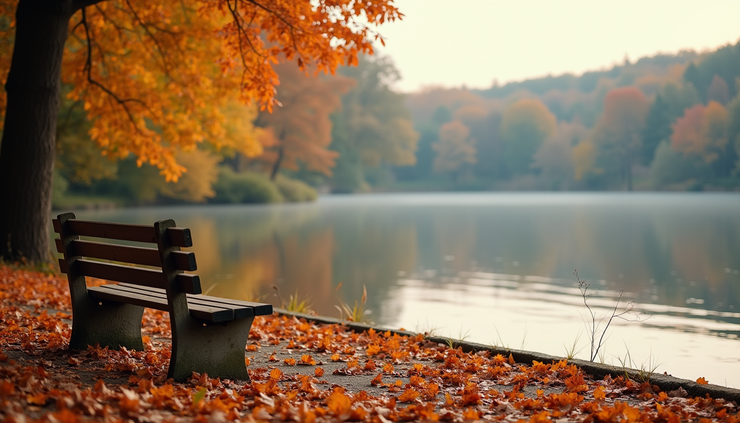 Eye-level view of a quiet lakeside bench surrounded by autumn trees