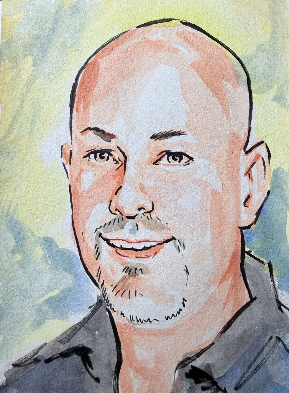 Watercolor portrait of Frank Robinson with a soft blue-green background, expressive ink lines, and a calm, friendly expression.
