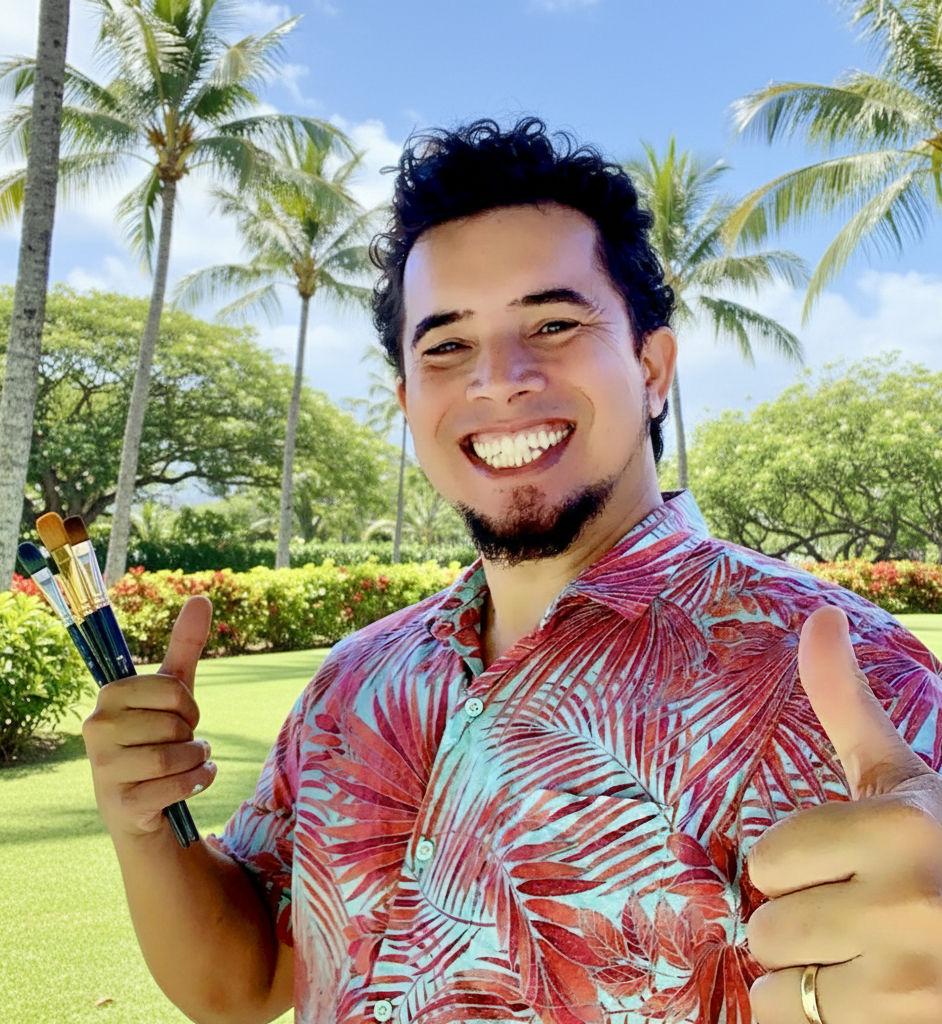 Outdoor portrait of a live wedding painter holding brushes in a tropical Hawaiian landscape with palm trees and bright sunlight.