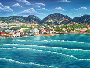Panoramic oil painting, “Lahaina Town” (20" × 60", oil on canvas) by Ariel Quiroz. The scene shows a vibrant strip of historic Lahaina’s oceanfront buildings backed by the lush West Maui Mountains under a sky of billowy clouds, with turquoise waves rolling across the foreground.