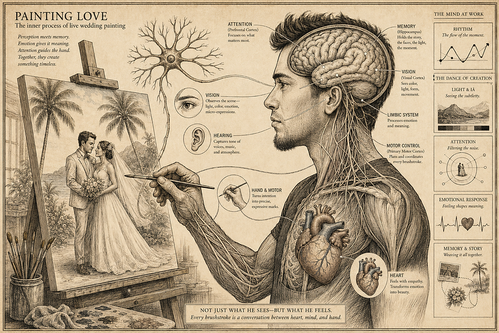 Vintage anatomical-style AI illustration of a live wedding painter showing the brain, heart, vision, hearing, memory, attention, and hand working together while painting a bride and groom.