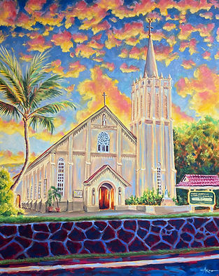 oil on canvas painting of The Maria Lanakila Church in Lahaina