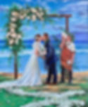 A completed live wedding painting by Ariel Quiroz, showcasing the vibrant colors and stunning backdrop of a Hawaiian beach wedding.