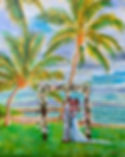 An oil painting of a bride and groom sharing a tender moment under a floral wedding arch at Olowalu Plantation House, framed by swaying palm trees and a tranquil ocean backdrop, symbolizing their romantic celebration in Maui.
