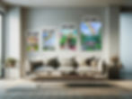 Four colorful paintings of different sizes are displayed on a living room wall above a beige sofa. Sizes are labeled: 16"x20" to 30"x40".