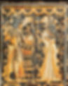 A painted relief on the lid of a box found in Tutankhamun's tomb. Ancient Egyptian relief with two figures in ornate attire, standing amidst detailed, stylized foliage. Engaged in interaction, vibrant colors.