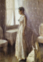 "Bruden", or "The Bride" in English, created by the Swedish painter Anders Zorn in 1886. Bride in a flowing white gown and veil stands pensively by a sunlit window, soft fabric curtains and muted tones create a serene mood.