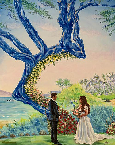 Elegant live wedding painting of a couple exchanging vows beneath a floral arch formed by a dramatic Maui tree, with ocean vi