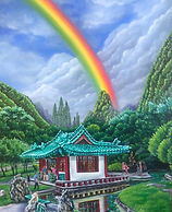 This live wedding painting depicts a serene and picturesque scene featuring a beautiful Asian-inspired pavilion set against a lush, green mountain backdrop. A vibrant rainbow arches across the sky, adding a magical and symbolic touch to the painting. The tranquil water, traditional architecture, and surrounding greenery create an ethereal, peaceful atmosphere. The wedding couple and guests are visible, blending into the serene beauty of the landscape, highlighting the intimate and harmonious connection between the ceremony and nature.