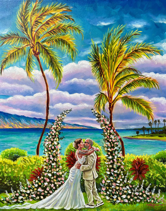 Maui-Weddin-Art-16x20_live-wedding-painting-oil-on-canvas-ariel-quiroz-art-Four-Seasons.jp