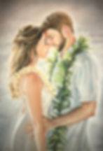 Wedding Pastel Painting Portrait of a couple's Honi, or Hawaiian Kiss by Wedding Artist Ariel Quiroz. A couple embraces tenderly, both wearing floral leis. The background is softly blurred, conveying warmth and intimacy.