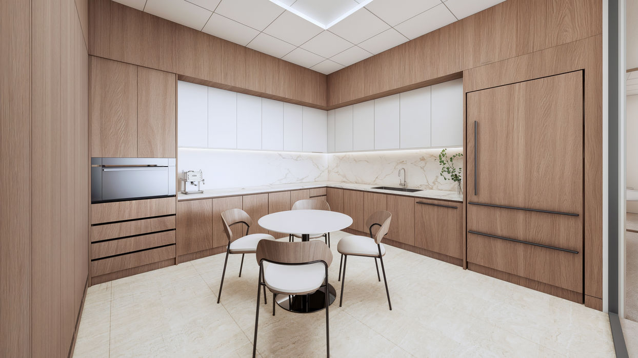 Modern wood-paneled office kitchen with small dining table