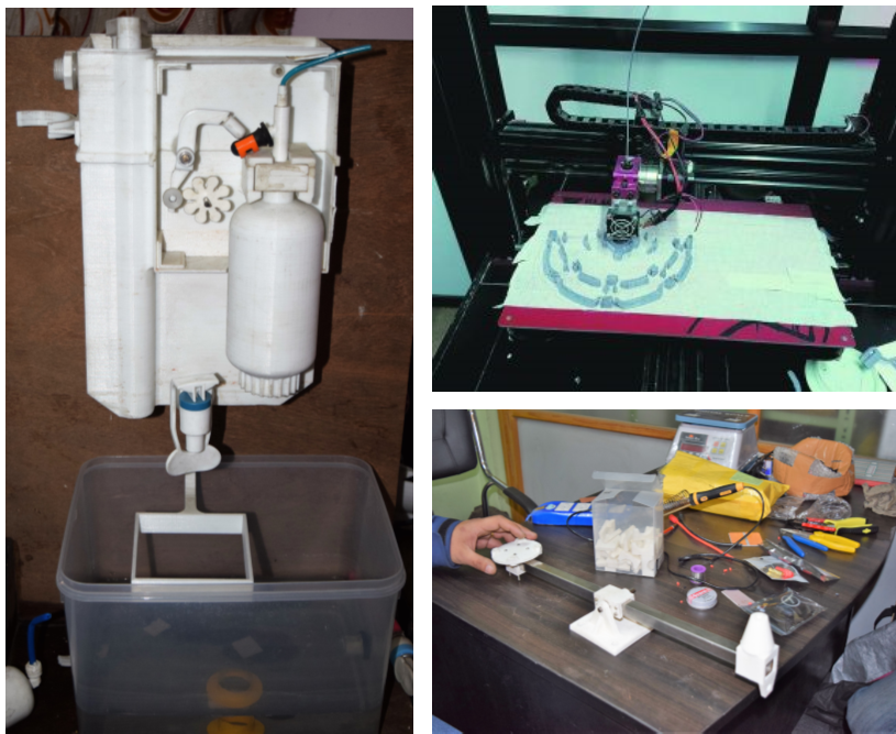 NIC’s 3D printed water filter (left) and medical drone thrust test rig (lower right) and CMDN’s EEG monitor helmet design being printed (top right)