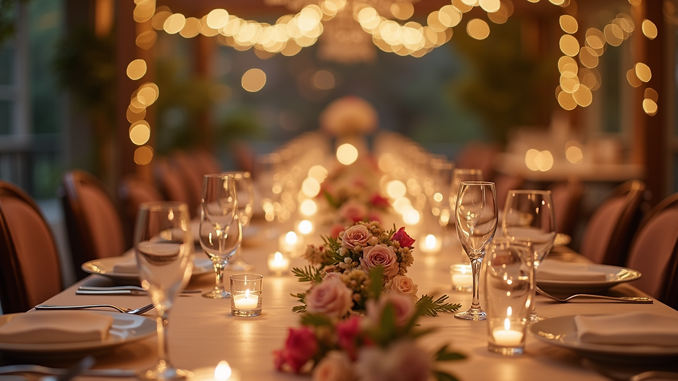Eye-level view of a beautifully decorated party table with elegant tableware
