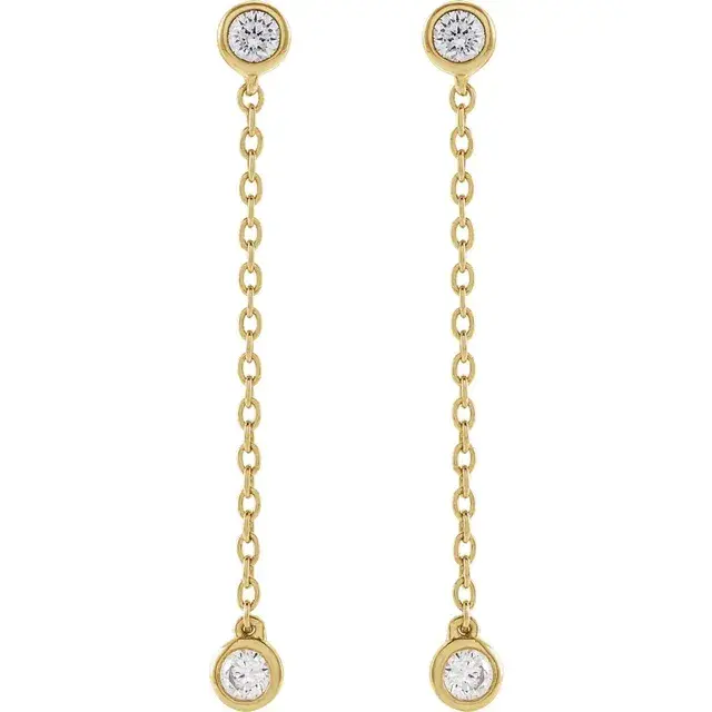 Simple Bezel Diamond Dangle Earrings handcrafted in 14k solid gold.