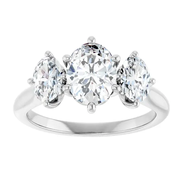 Thumbnail: Three stone engagement ring, made with oval lab grown diamonds set in 14k solid gold.