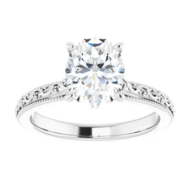 Thumbnail: A vintage antique style engagement ring with a round lab grown diamond center stone.
