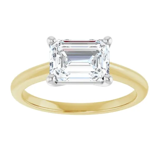 East west emerald cut solitaire lab grown two tone diamond engagement ring.