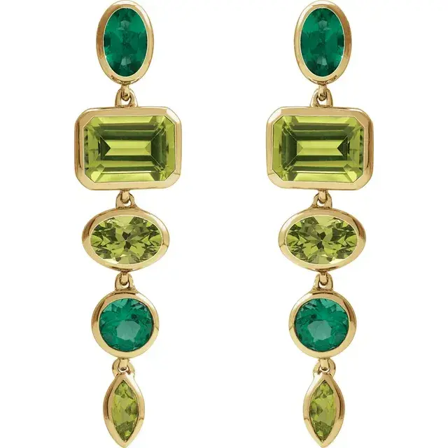 Peridot and lab created emerald dangle earrings, high jewelry, made in 14k solid gold..