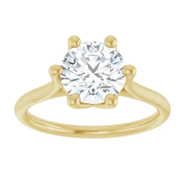 6 prong round brilliant lab grown diamond cathedral engagement ring.