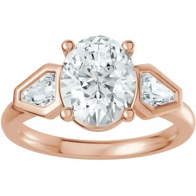 Thumbnail: Oval and shield lab grown diamond three stone engagement ring