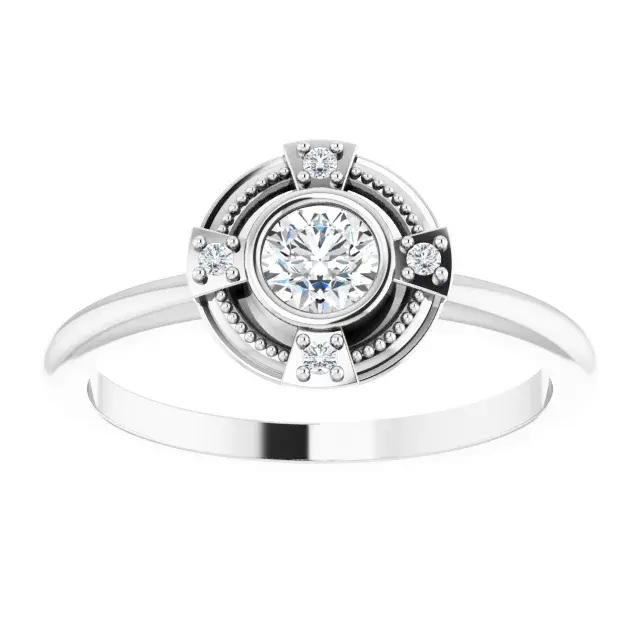 Thumbnail: lab grown diamond ring with a compass motif set in 14k gold.