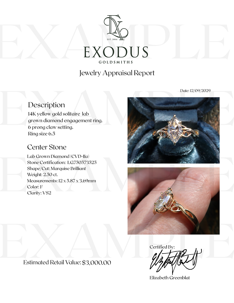 An example document of a professional jewelry appraisal for an engagement ring from the company Exodus Goldsmiths
