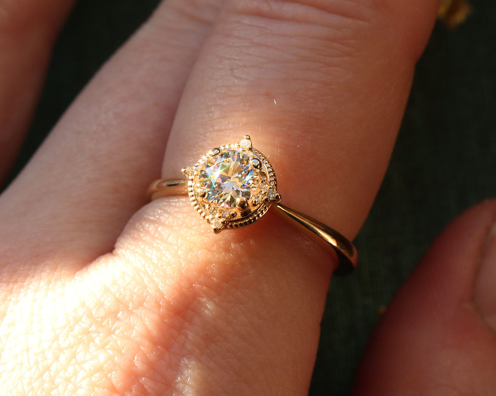 round brilliant lab grown diamond with vintage milgrain halo made in 14k gold.