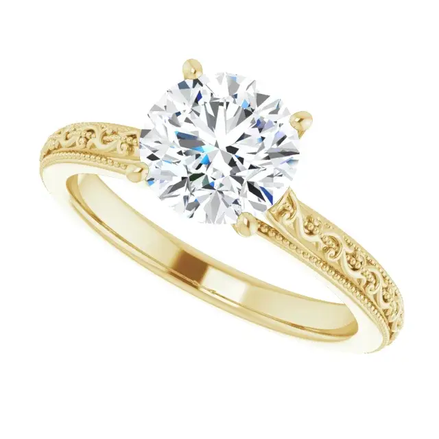 Thumbnail: A vintage antique style engagement ring with a round lab grown diamond center stone.