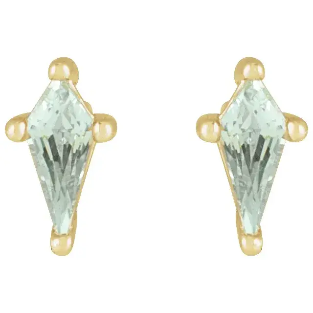 Lab grown green sapphire kite shape gemstone stud earrings, crafted in 14k solid gold.