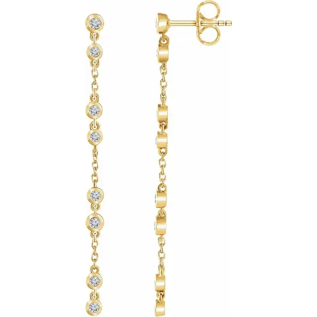 Heirloom quality lab grown diamond bezel stud dangle earrings in 14k solid gold.