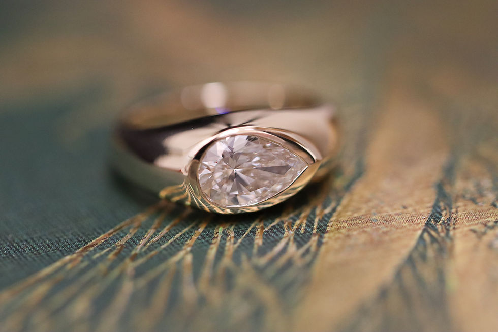 Bezel set pear shape lab grown diamond chunky heavy engagement ring in yellow gold