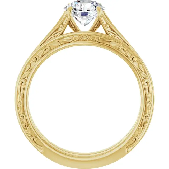 Thumbnail: Vintage engraved contour band in 14k solid gold , shown with engagement ring.