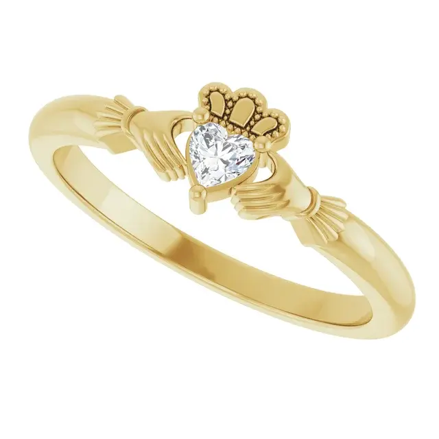Thumbnail: A dainty 14k gold claddagh ring with a small heart shape lab grown diamond center stone.