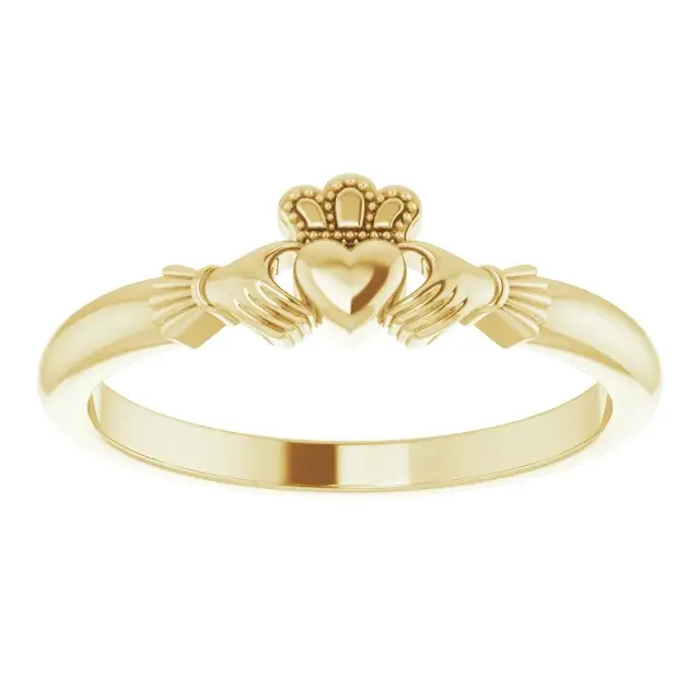 A 14k solid gold claddagh fashion ring without gemstones.