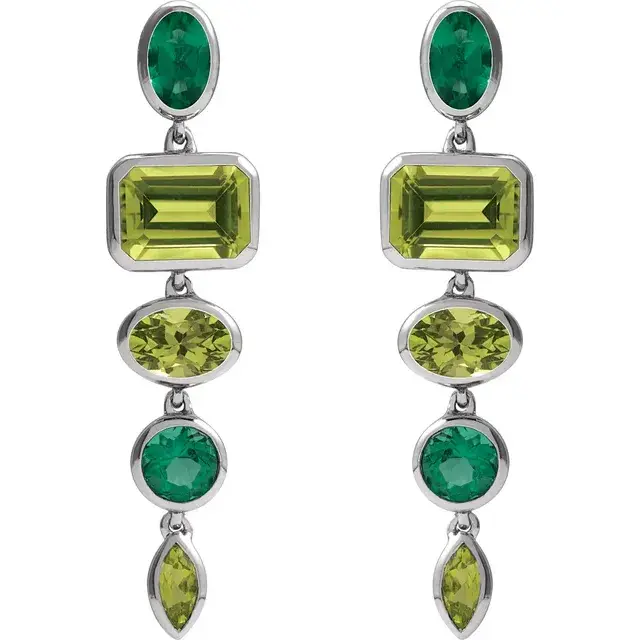 Thumbnail: Peridot and lab created emerald dangle earrings, high jewelry, made in 14k solid gold..