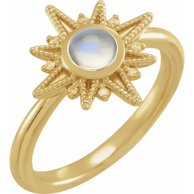 A hand crafted sunburst style fashion ring, set with a moonstone or opal center. Made in 14k solid gold.