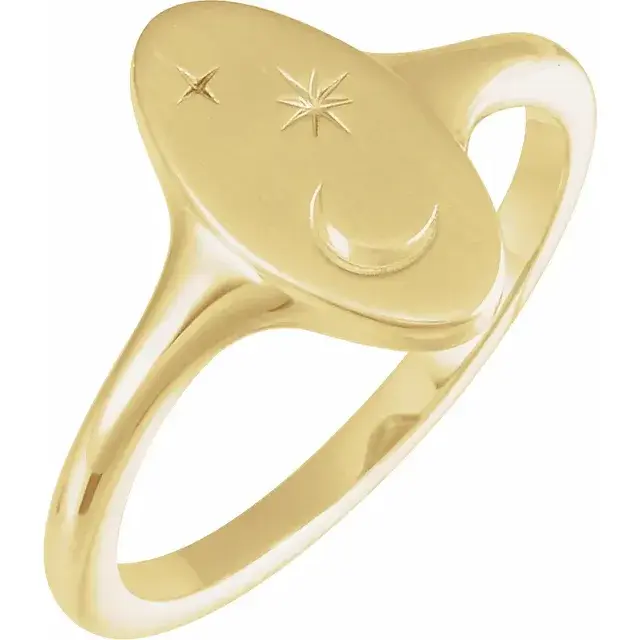 Thumbnail: oval signet ring with celestial engravings crafted in 14k solid gold.