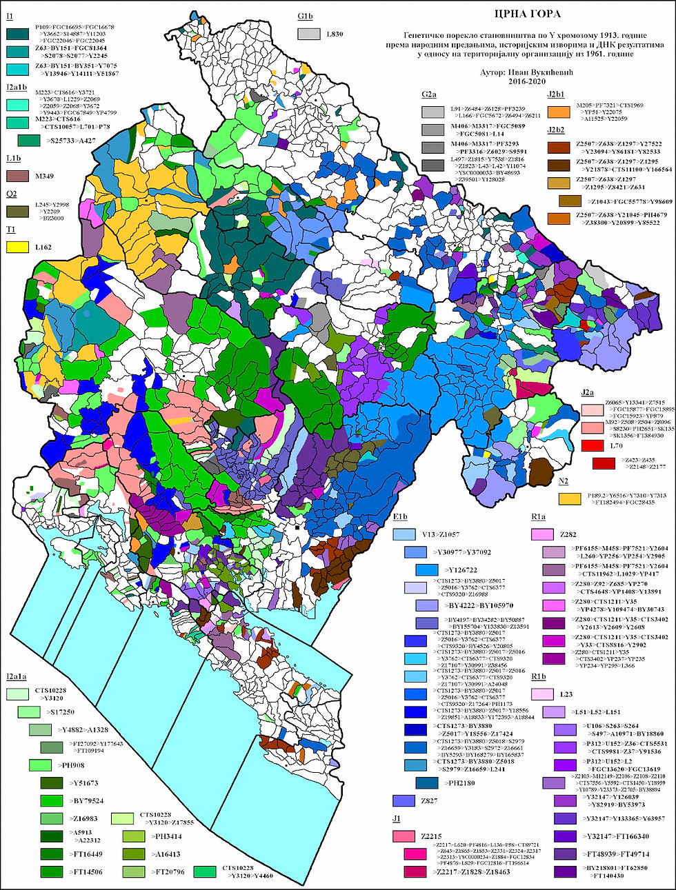 A map of Y-DNA haplogroups of Montenegro in 1913 developed by Ivan Vukićević.